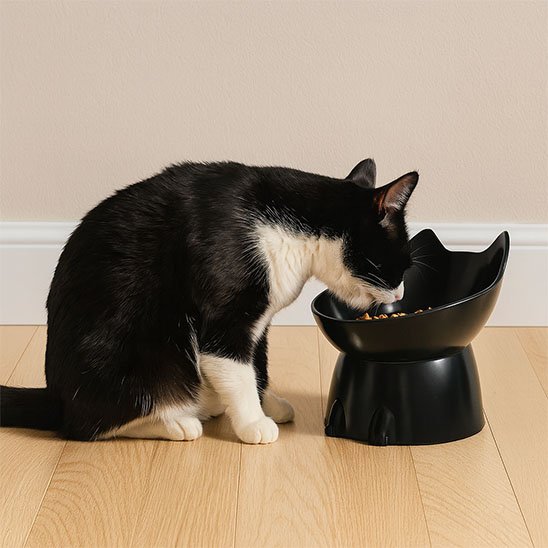 Gamelle Chat surélevée utiliser par chat noir et blanc affamé