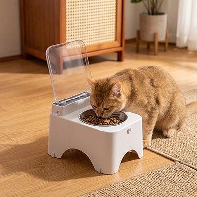 Gamelle connectée Chat à couvercle automatique utilisée par un chat roux