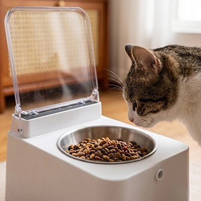 Gamelle connectée Chat avec couvercle automatique, chat qui mange