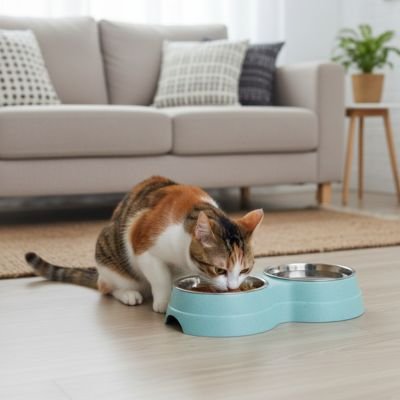Gamelle double Chat bleu bonbon utilisé par chat devant canapé