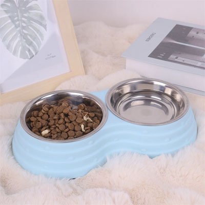 Gamelle double chat bleu pastel