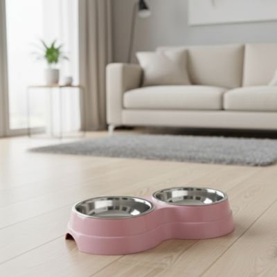 Gamelle double Chat rose bonbon au salon