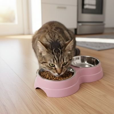 Gamelle double Chat rose bonbon utilisé par chat