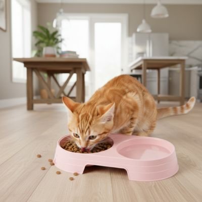Gamelle double Chat rose bonbon utilisé par chaton roux