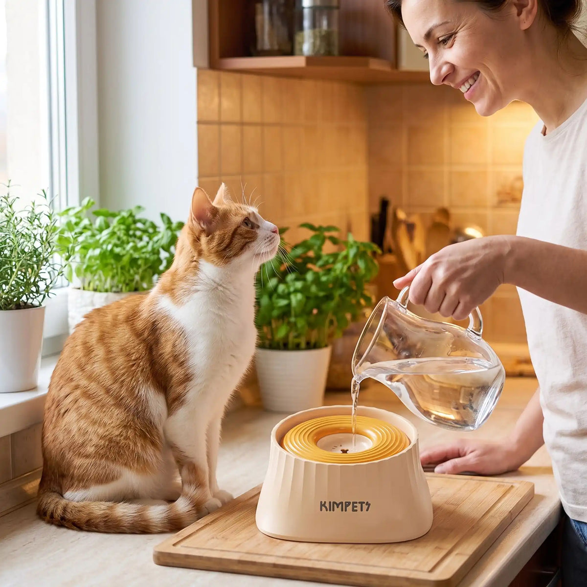 Gamelle eau chat remplie par une femme souriante en cuisine