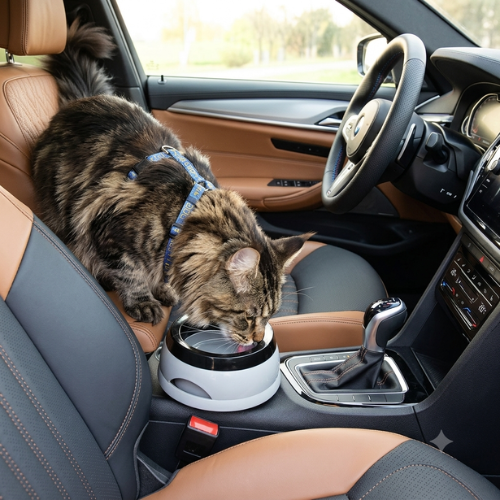 Gamelle eau chat utilisée par un chat tigré en voiture