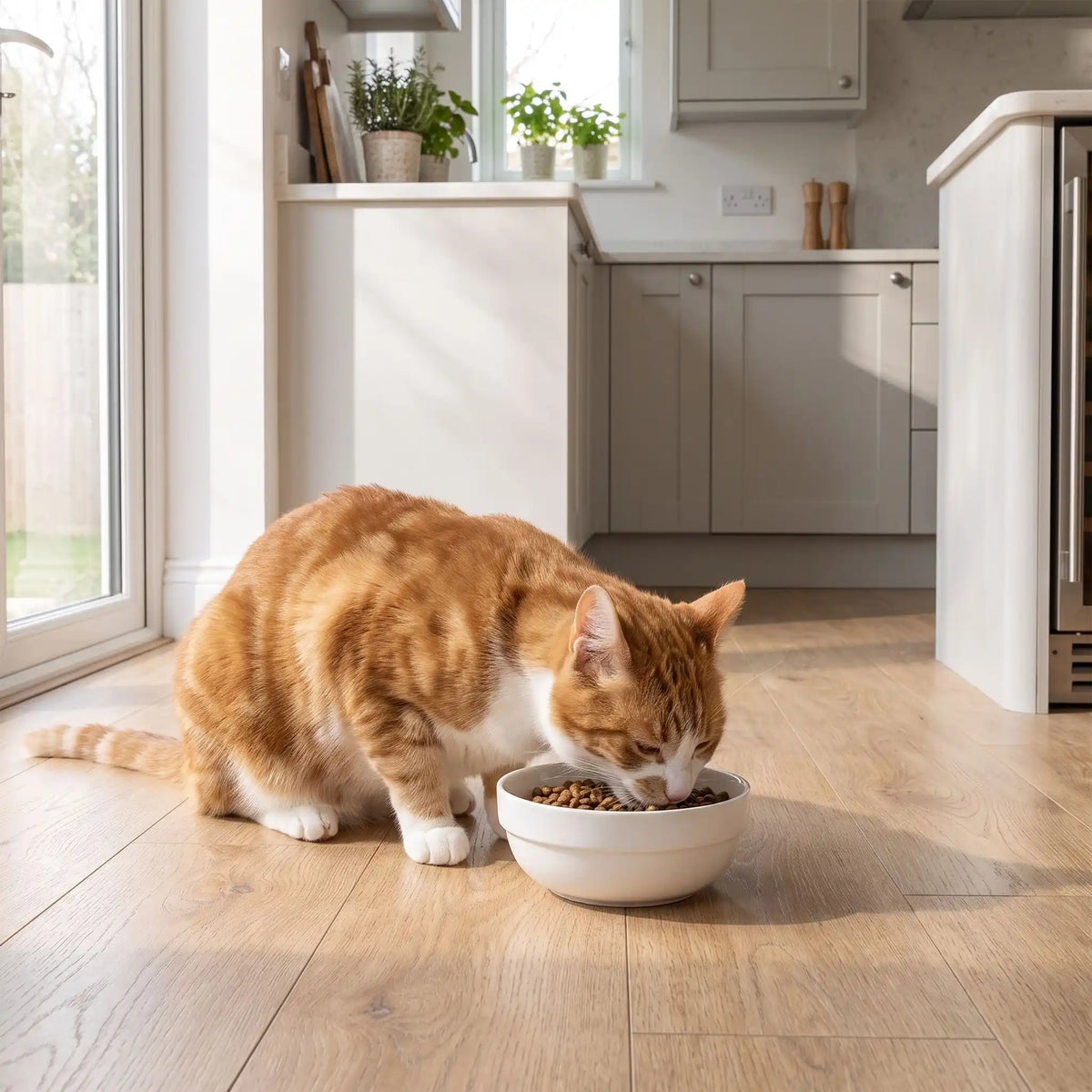 Gamelle en ceramique pour chat mangée par un chat roux en cuisine