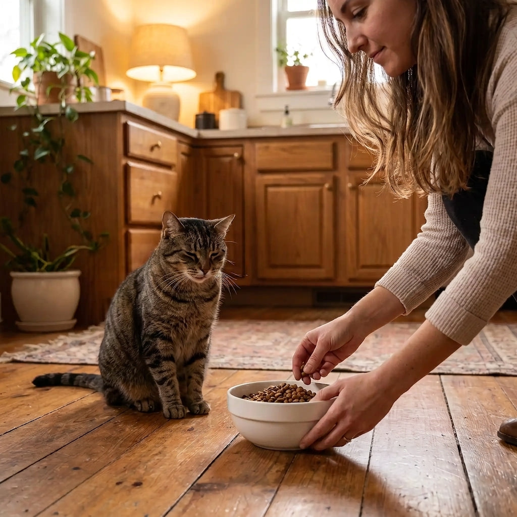 Gamelle en ceramique pour chat posée par une femme souriante