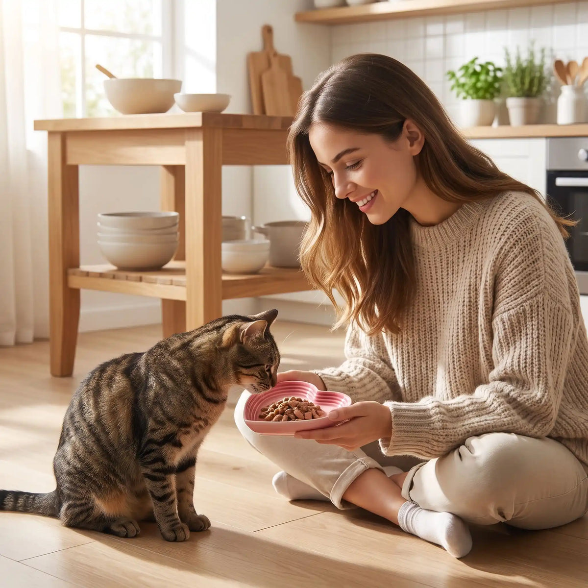 gamelle en ceramique pour chat tenue par une femme souriante
