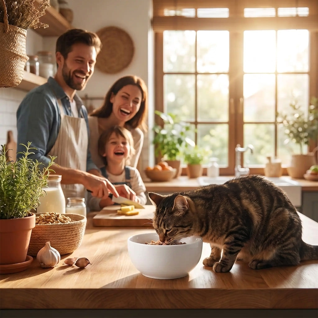 Gamelle en ceramique pour chat utilisée en cuisine familiale ensoleillée