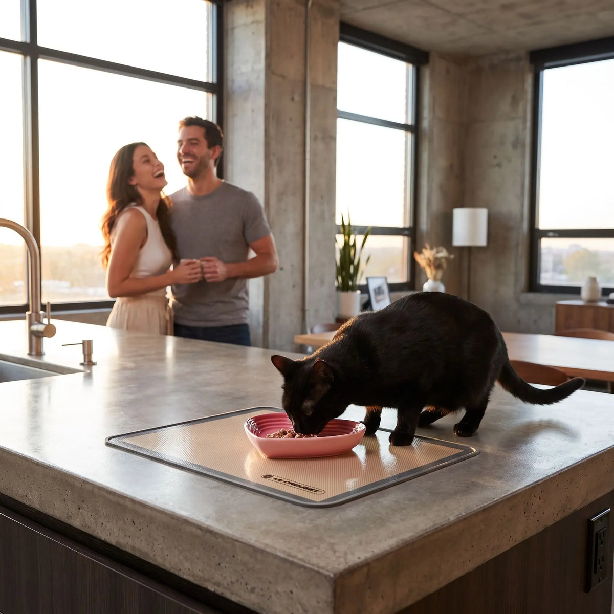 gamelle en ceramique pour chat utilisée par chat noir sur comptoir