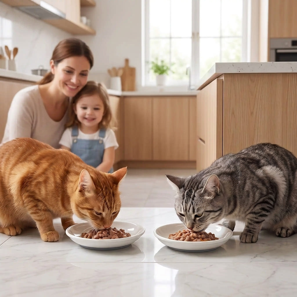 gamelle-en-ceramique-pour-chat-utilisee-par-deux-chats-en-cuisine-familiale