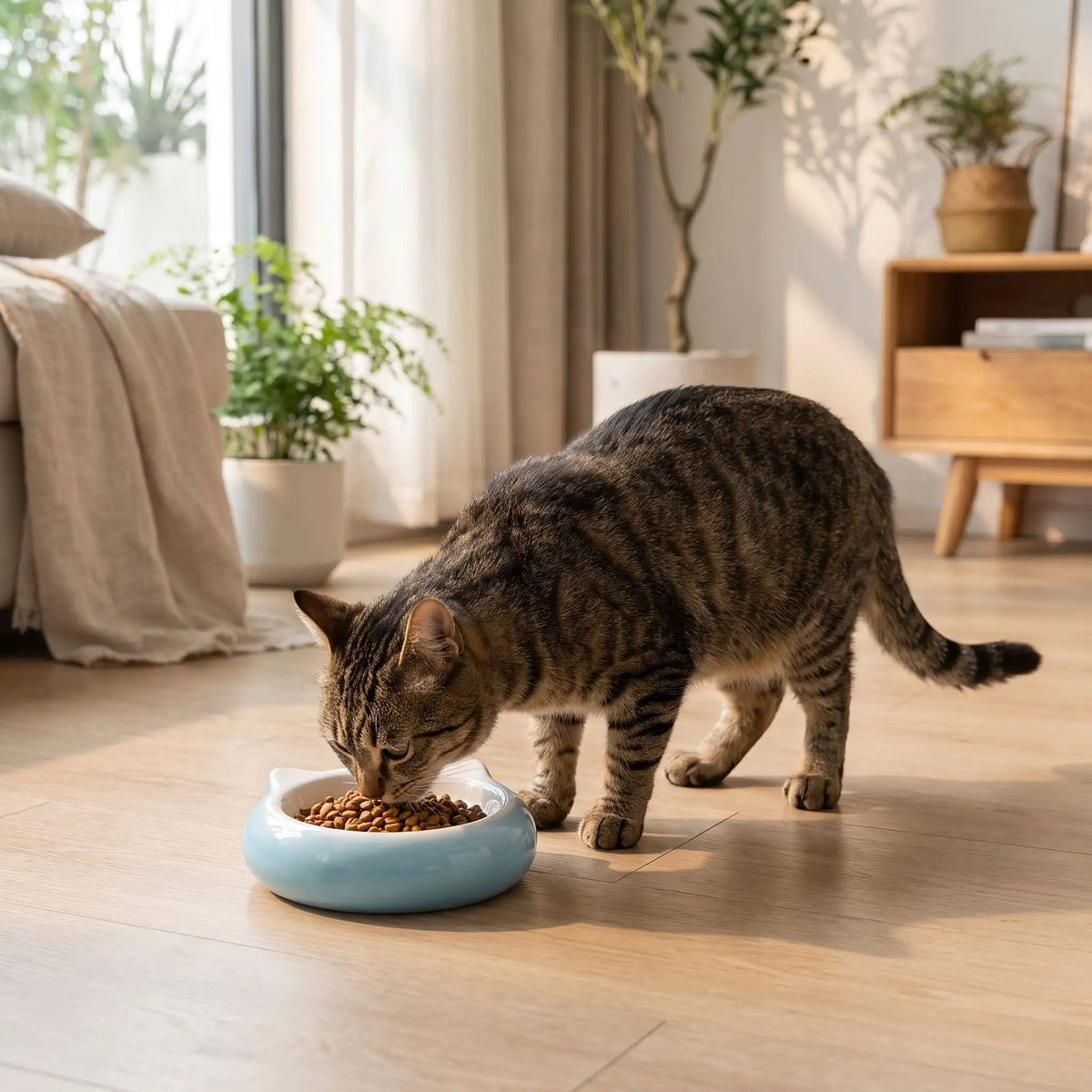 Gamelle en ceramique pour chat utilisée par un félin tacheté