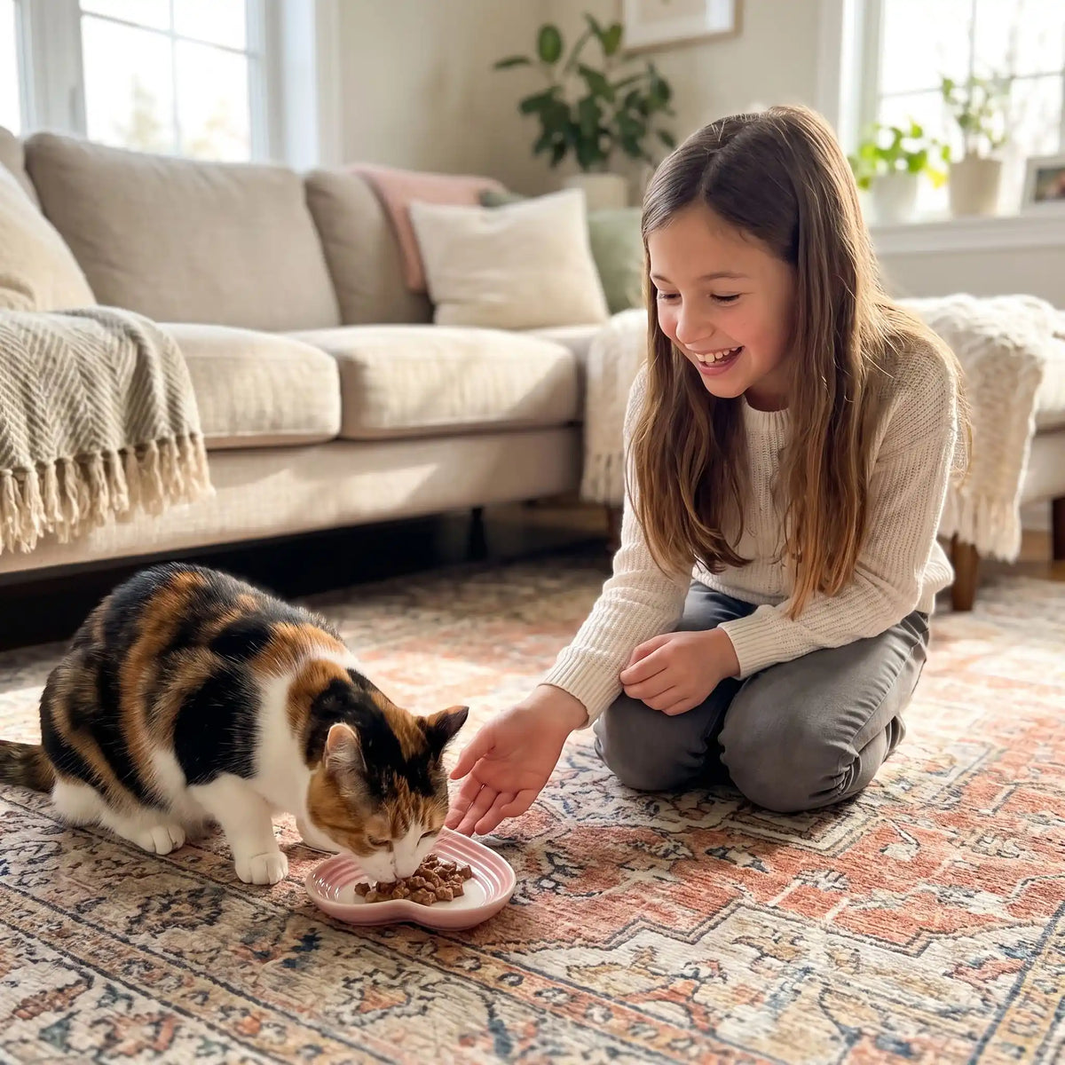 gamelle en ceramique pour chat utilisée par une fillette souriante