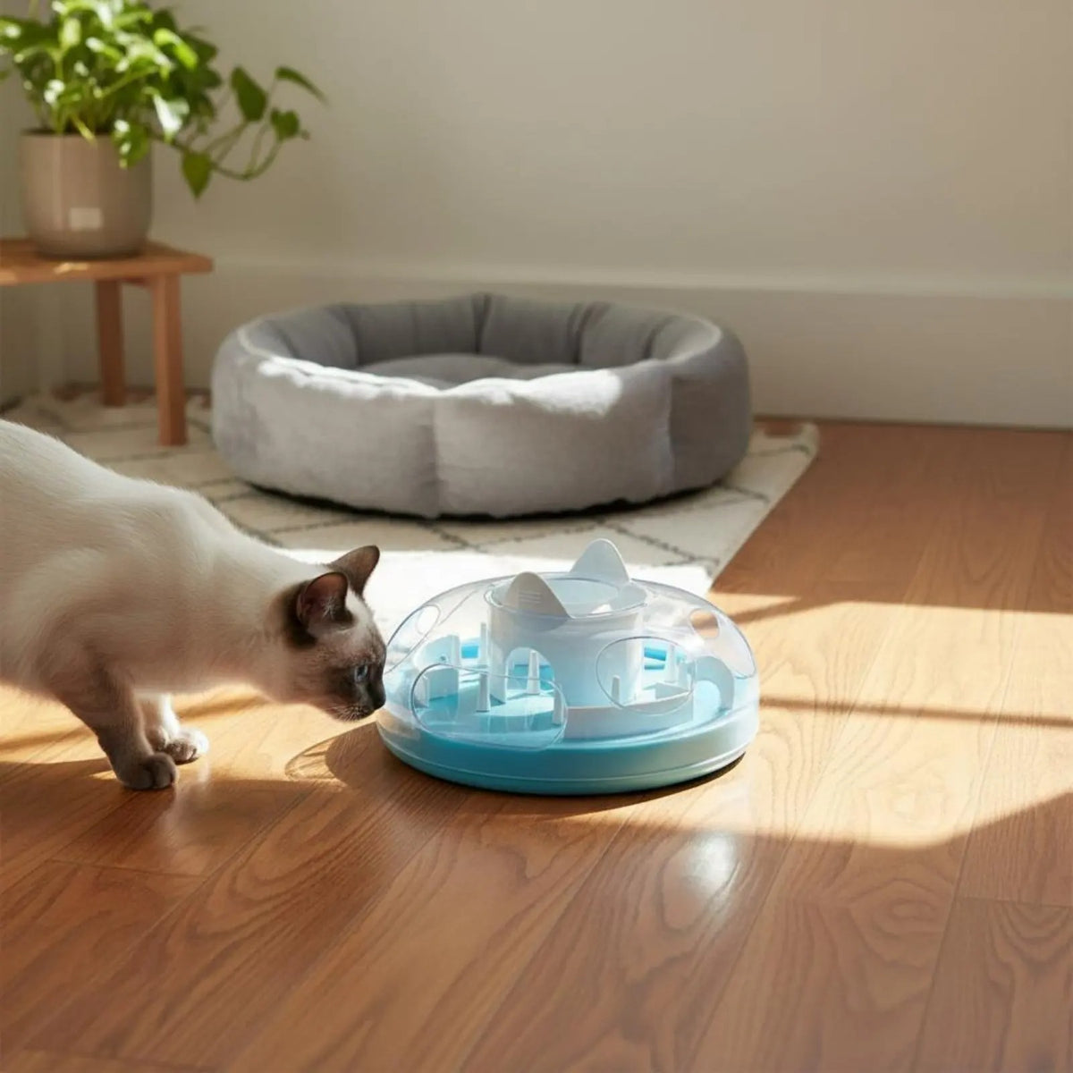 gamelle ludique chat explorée par siamois dans salon ensoleillé