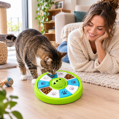 Gamelle ludique chat utilisée par un chat tigré en intérieur