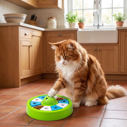 Gamelle ludique chat manipulée par un félin roux en cuisine