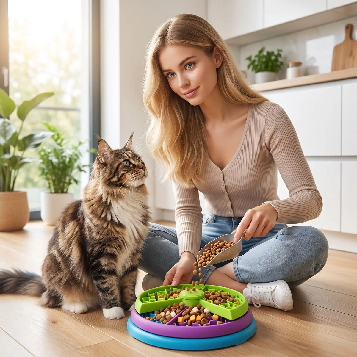 Gamelle ludique chat remplie par une femme assise au sol