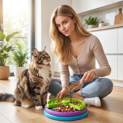 Gamelle ludique chat remplie par une femme assise au sol