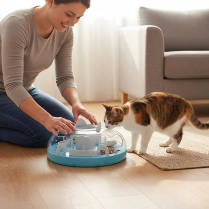 gamelle ludique chat utilisée par femme au salon
