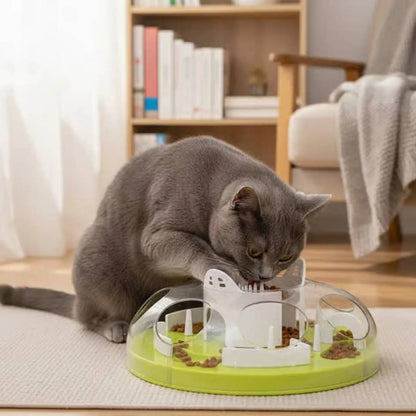gamelle ludique chat utilisée par un chat gris au salon