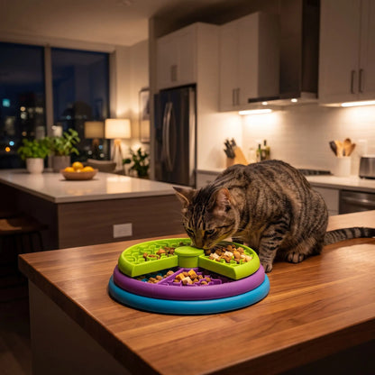 Gamelle ludique chat utilisée par un tabby en cuisine moderne