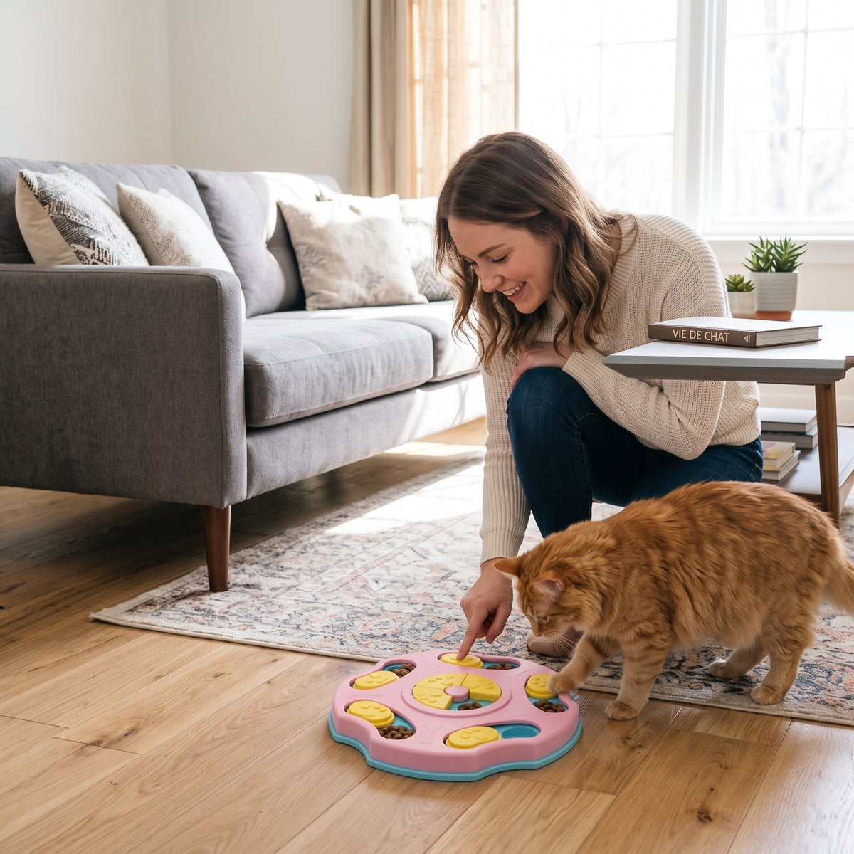 Gamelle ludique pour chat explorée par un chat roux en intérieur
