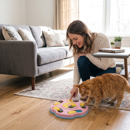 Gamelle ludique pour chat explorée par un chat roux en intérieur