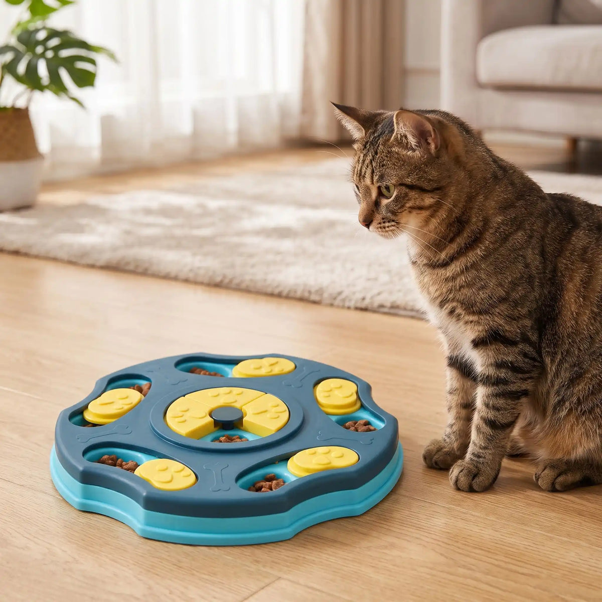 gamelle ludique pour chat inspectée par un chat tigré curieux
