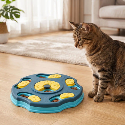 gamelle ludique pour chat inspectée par un chat tigré curieux