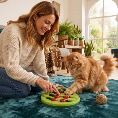 gamelle ludique pour chat utilisée avec chaton au salon