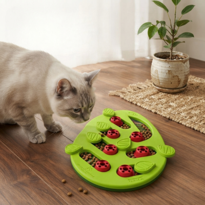 gamelle ludique pour chat utilisée sur parquet salon