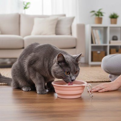 Gamelle pour chat à l'intérieur utilisé par chat gris