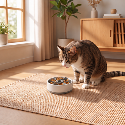 Gamelle pour chat anti glouton utilisée par chat tigré à l'intérieur