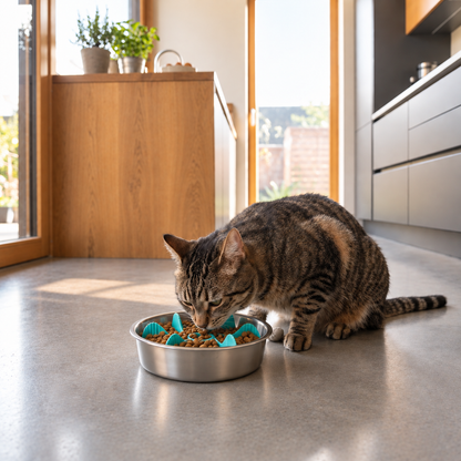 Gamelle pour chat anti glouton utilisée par chat tigré en cuisine