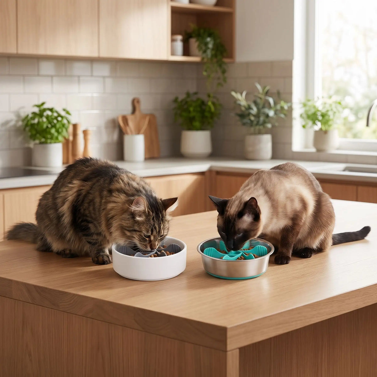 gamelle pour chat anti glouton utilisée par deux chats en cuisine