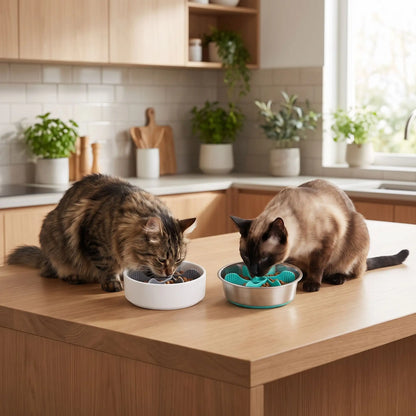 gamelle pour chat anti glouton utilisée par deux chats en cuisine