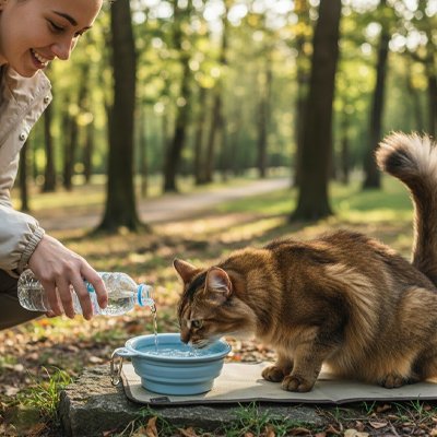 Gamelle pour chat bleu  en utilisation par chat en extérieur