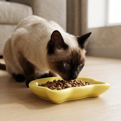 Gamelle pour chat jaune avec un siamois qui mange