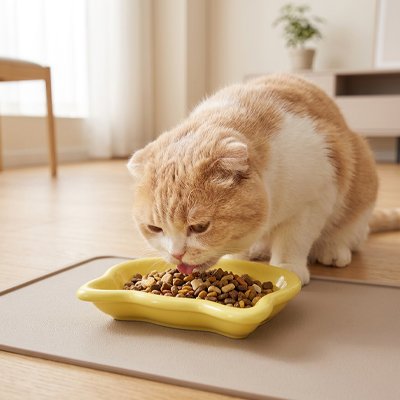Gamelle pour Chat jaune utilisée par un chat roux mangeant