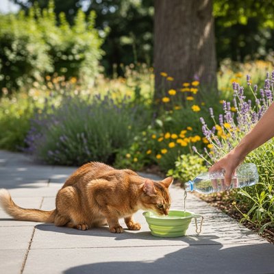 Gamelle pour chat remplit d'eau bu par chat sur allée