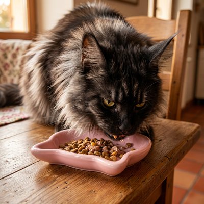 Gamelle pour Chat rose en forme tête de chat sur table 