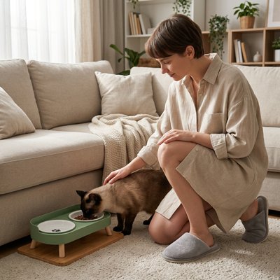 Gamelle pour Chat surélevée avec chat qui mange et maîtresse