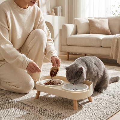 Gamelle pour Chat surélevée croquettes bol gauche avec chat bol droite