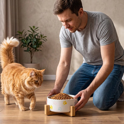 Gamelle pour chat surélevée qui est déposé devant un chat par un homme
