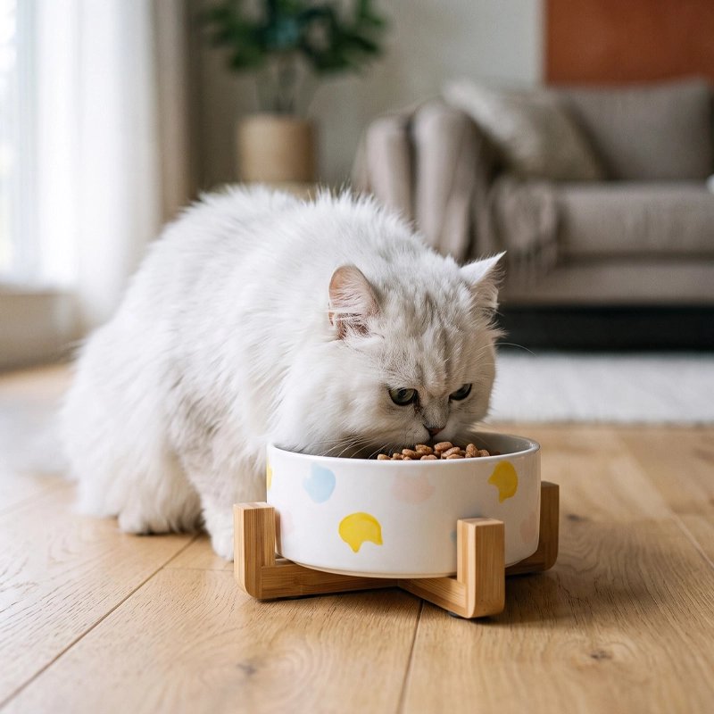 Gamelle pour chat surélevée qui est utilisé par un chat blanc