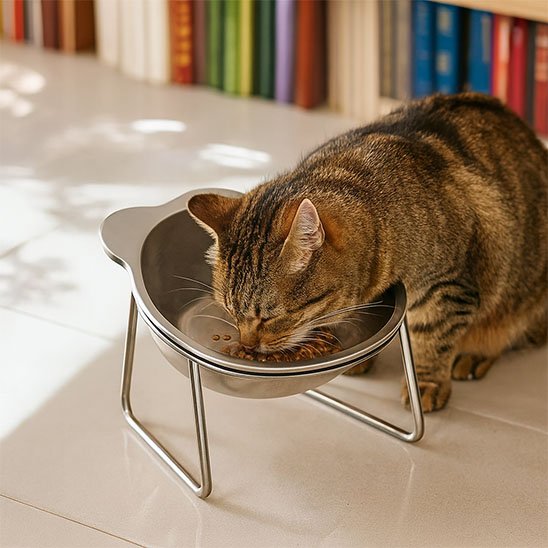 Gamelle pour chat surélevée qu'un chat utilise vigoureusement