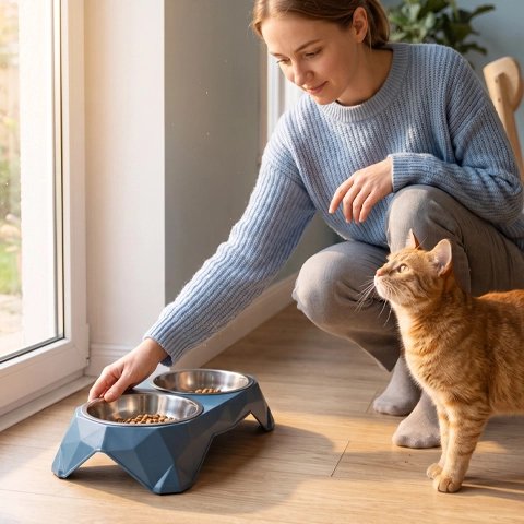 Gamelle pour chat surélevée rempli de nourriture devant chat avec femme