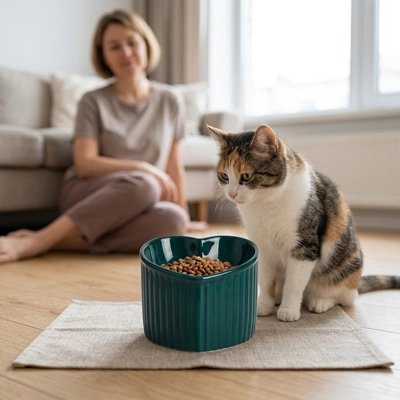 Gamelle pour Chat surélevée sur tapis devant chat avec maîtresse