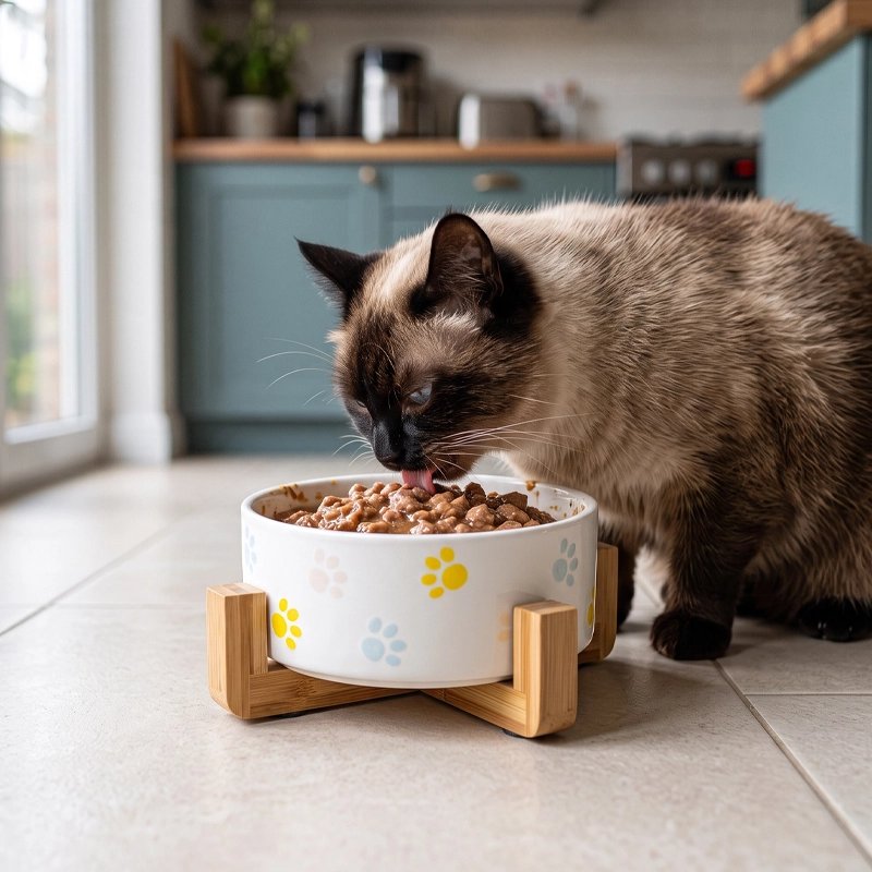 Gamelle pour chat surélevée sur une base en bois utiliser par chat 